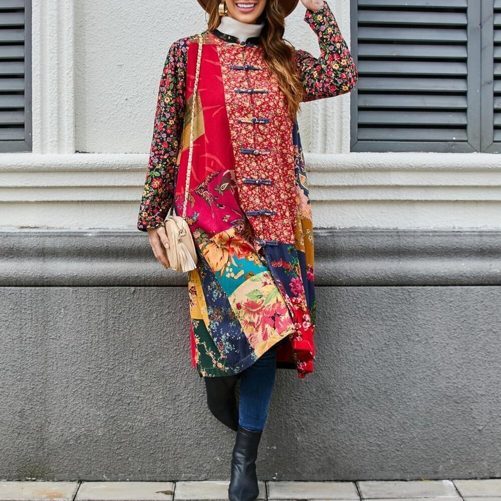 Floral Print Linen Cotton Jacket Bohemian Patchwork Outwear Women Large - Picture 5 of 8